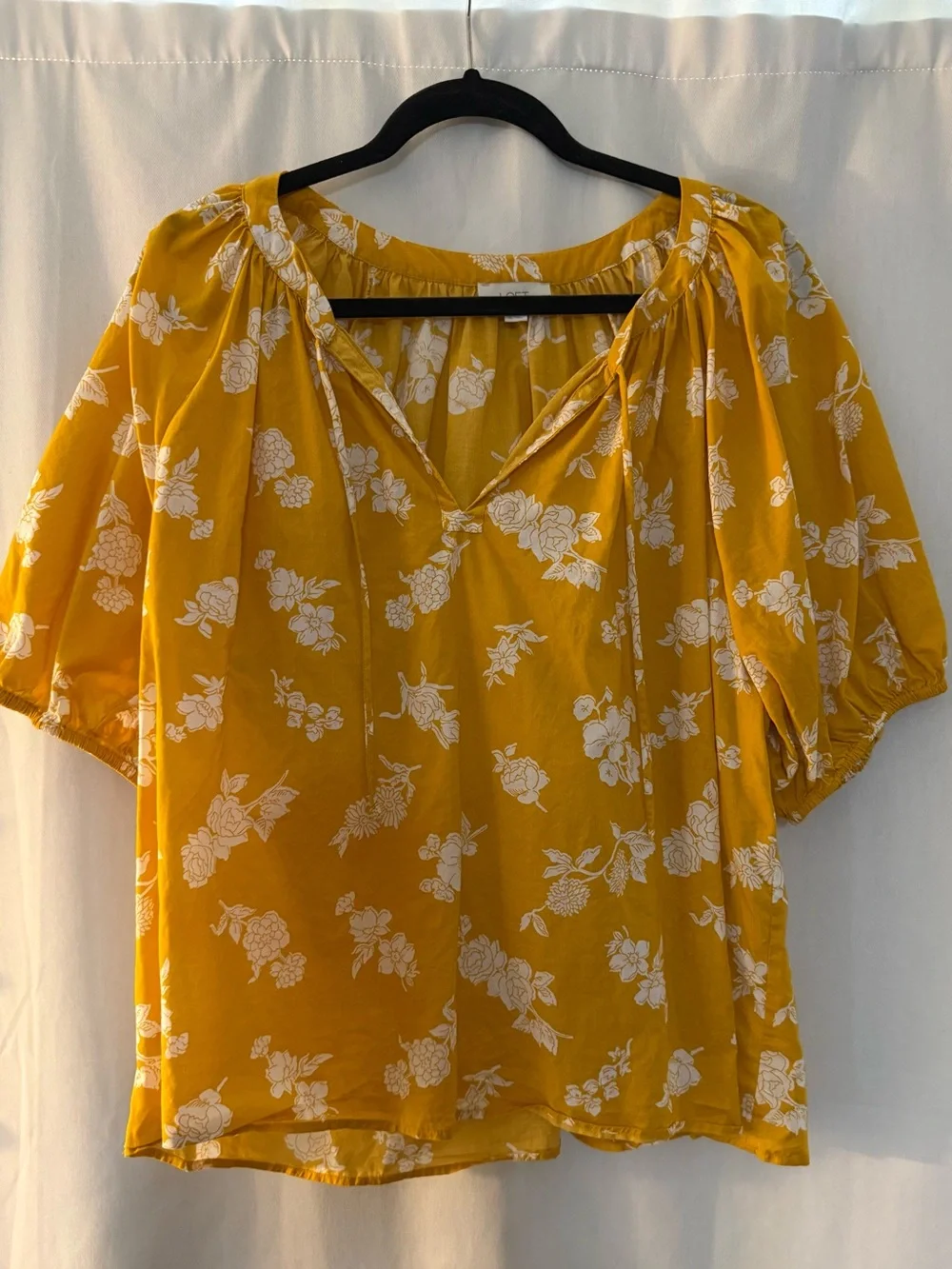 LOFT Mustard Yellow Floral Tie-Neck Peasant Blouse